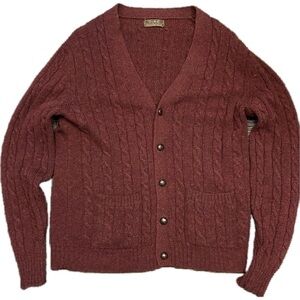 Thane 100% Scottish Shetland Wool Fisherman Cardigan Leather Buttons Size L VTG